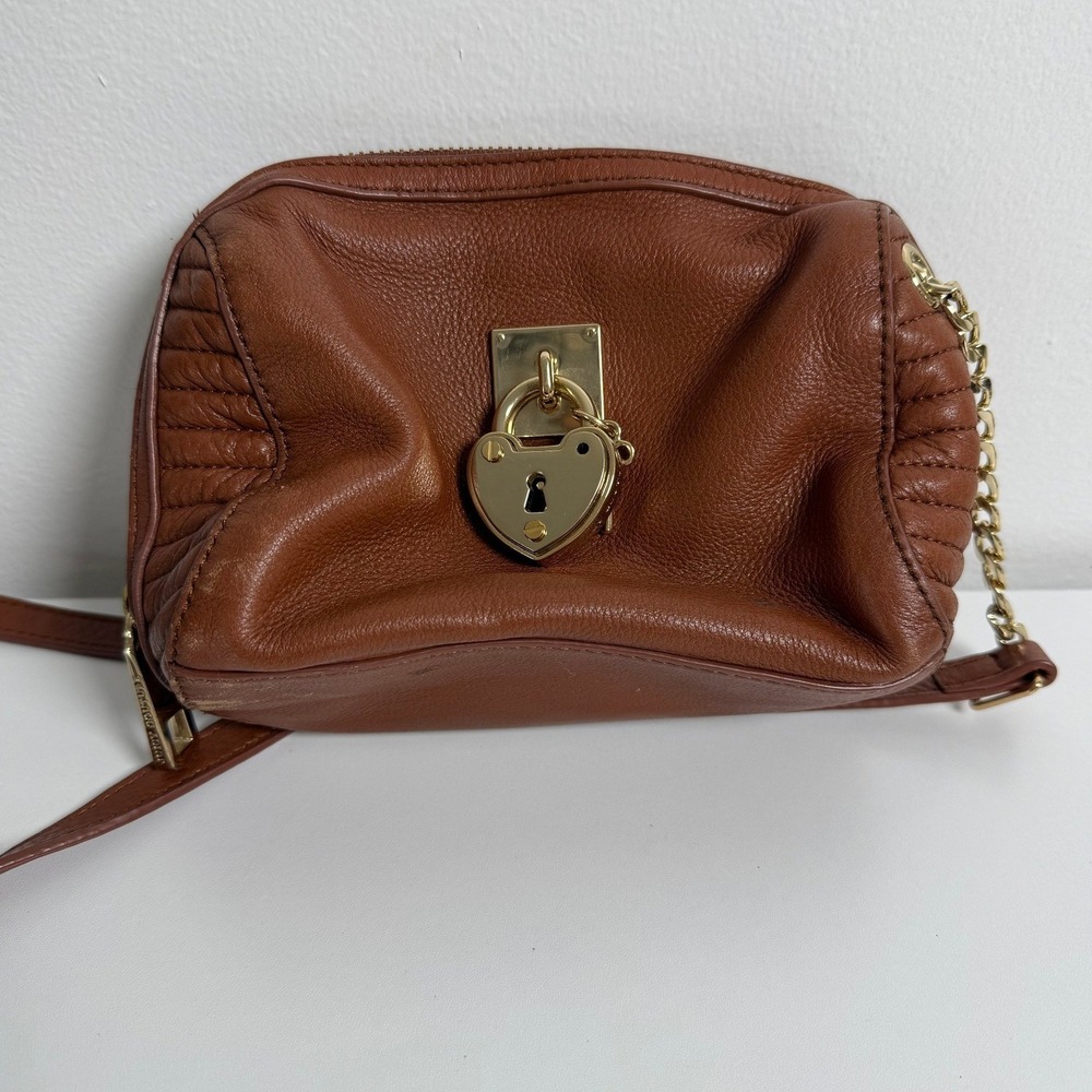 Juicy Couture Brown Leather Y2K Heart Lock Crossbody Bag Gold Chain